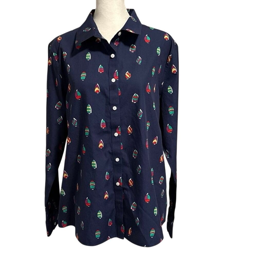 Lands End Size 14 Button Up Shirt Novelty Boat Buoy Print No Iron Supima Cotton